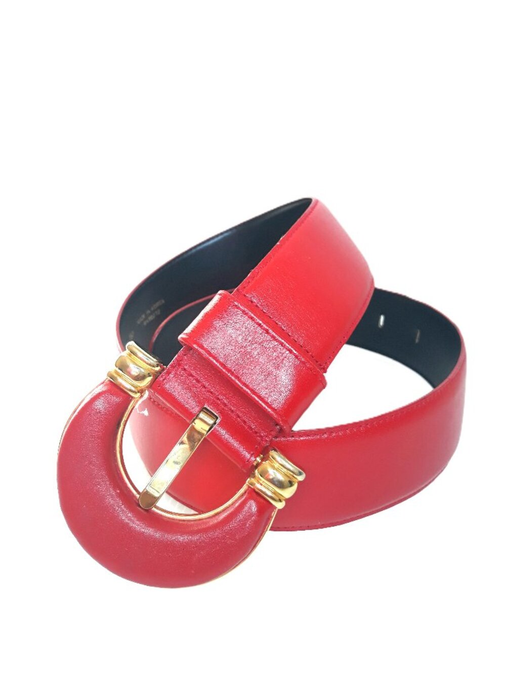 Boho Red Leather Statement Belt Art to Wear Big Buckle Vtg 80s Liz Claiborne